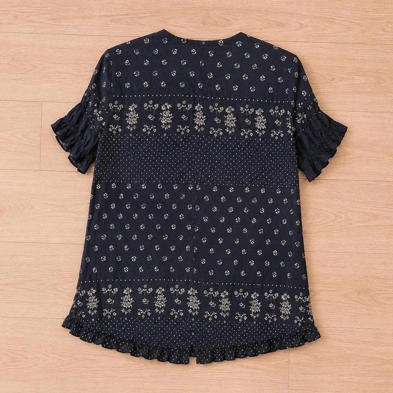 🌸 Blusa de mujer con estampado floral azul marino estilo bohemio chic talla 38 M mangas cortas – photo 2